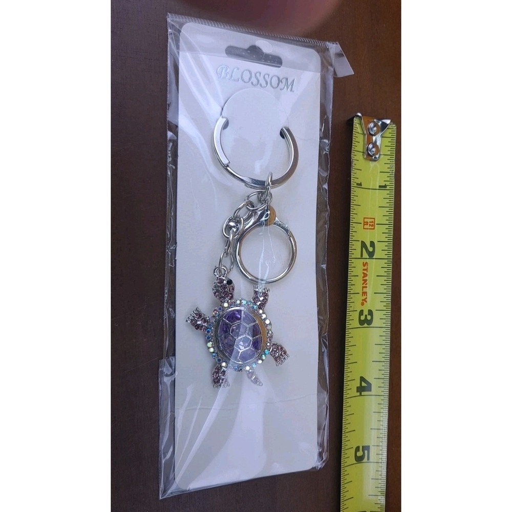 Turtle Purple Lilac Rhinestone Crystal Silver Tone Keychain Backpack Purse Clip - Picture 4 of 6